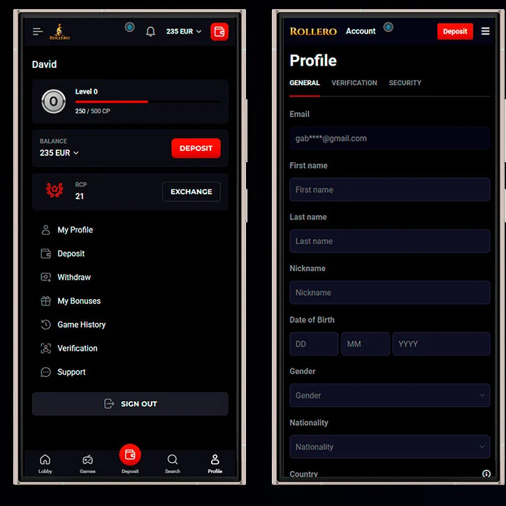 Navigazione app mobile Rollero Casino